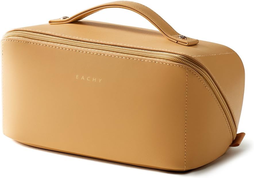 EACHY Travel Makeup Bag for Women, Flat Open Cosmetic Bag, Yellow, Medium