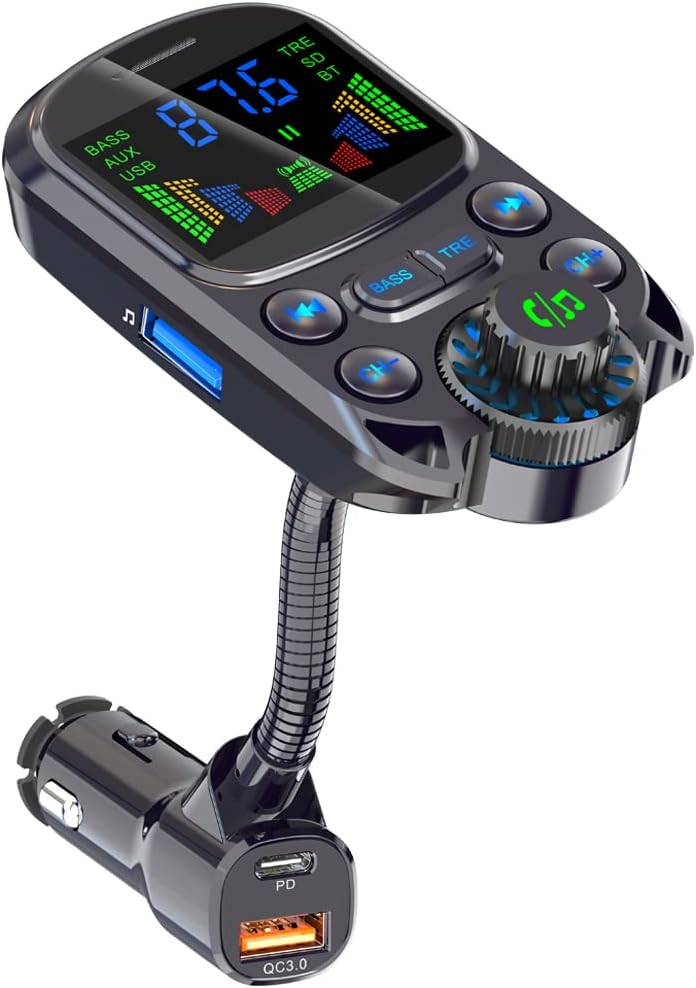 Colorful HD Lossless Sound Quality EQ Sound Adjustment Hands-Free Calling QC3.0 PS3.0 Fast Charge 1.5" Color Large Screen FM Microphone Bluetooth 5.3 Car Adapter