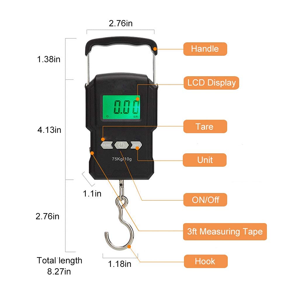 Skiennix Rechargeable Luggage Scale - Portable Digital Hook Scale with Measuring Tape, 165Lb Capacity, Black