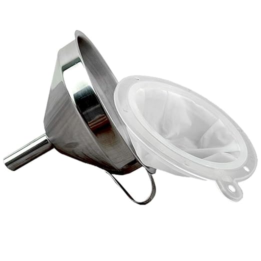 Stainless Steel Funnel with Fine Mesh Strainer, 5-Inch Metal Hopper with Handle, 300 Mesh Cooking Oil Filter Jam Straining Set for Transfer of Liquid Ingredients/Wine/Liquor/Enzymes