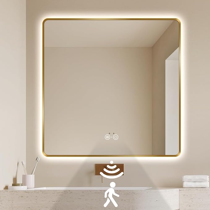 Gold LED Bathroom Mirror, 36"x36" Smart Mirror with Infrared Motion Sensor Lights, Anti Fog, Stepless Dimmable & Color Temperature Adjustment, Wall Mounted Vanity Mirror Backlit, CRI≥93