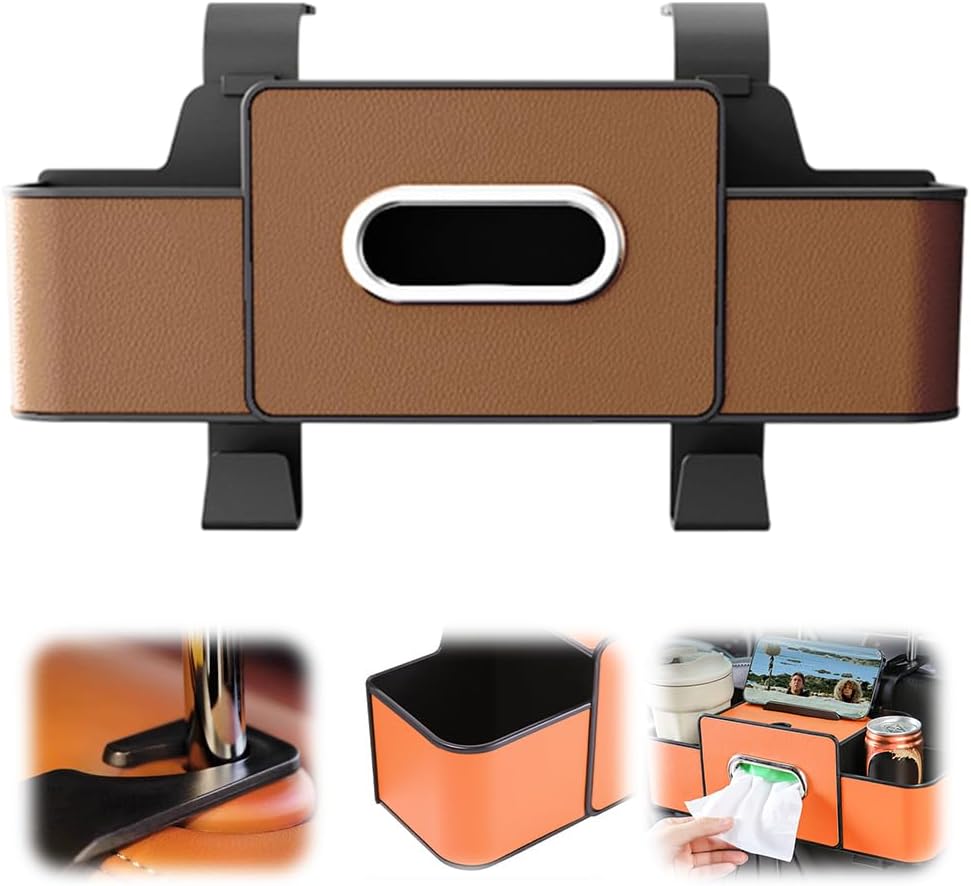 Cars Seat Back Bag, 2025 Upgrade Car Rear Backseat Extra Multifunctional Car Seat Back Storage Box, Multifunctional Car Seat Tissue Organizer with 2 Drink Cup Holder 2 Hooks (Orange)