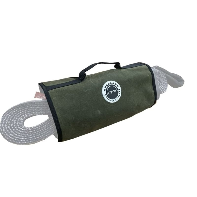 Overland Vehicle Systems Recovery Wrap Storage Bag - #16 Waxed Canvas - Infused with Paraffin Wax Waterproofing - 2 Storage Pouches for Shackles -1 Pouch for Snatch Block - 1 Buckle for Tow Straps