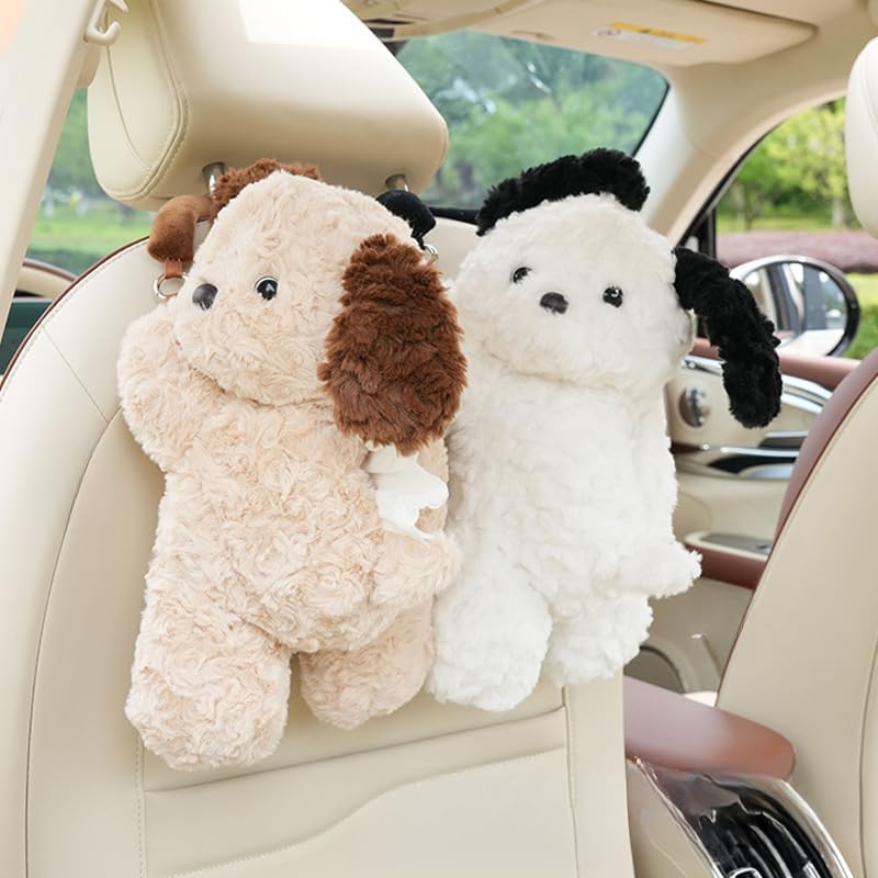 Plush Puppy Car Tissue Box Holder – Cute Crawling Dog Design, Hanging or Dashboard Use, Soft Style Organizer for Vehicle Interior (White Dog)