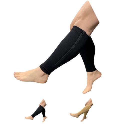 HealthyNees Seniors Care Footless 15-20 mmHg Compression Shin Calf Leg Men Women 1 Pair Zipper Sleeves (Black, Large-X-Large)
