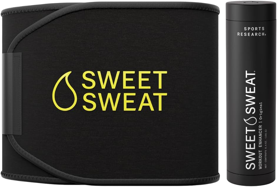 Sports Research Waist Trimmer Pack - Sweet Sweat Waist Trimmer (Black/Yellow, Small) & Original Scent Gel Stick (6.4oz)