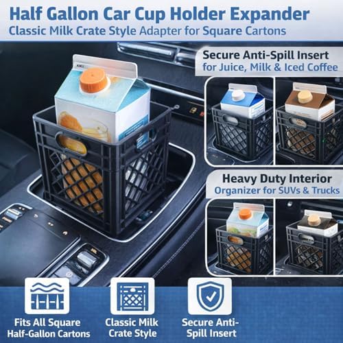 Half Gallon Car Cup Holder Expander - Classic Milk Crate Style Adapter for Square Cartons, Secure Anti-Spill Insert for Juice, Milk & Iced Coffee, Heavy Duty Interior Organizer for SUVs & Trucks