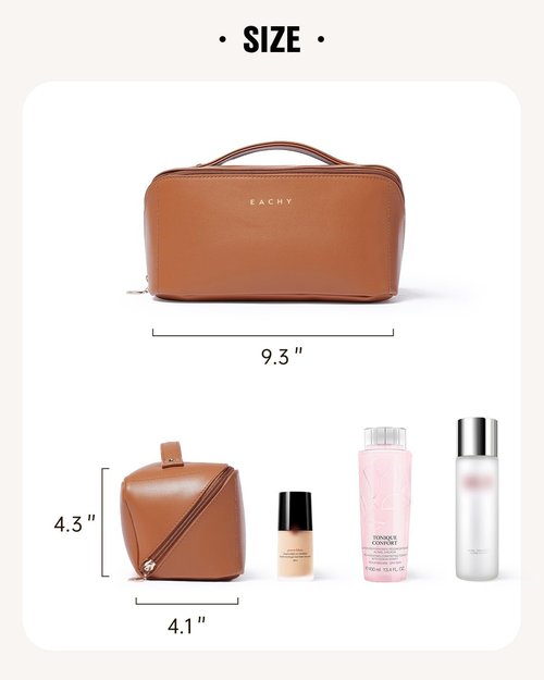 EACHY Travel Makeup Bag - Large Capacity Waterproof PU Leather Cosmetic Organizer | Flat Open Design for Skincare & Brushes