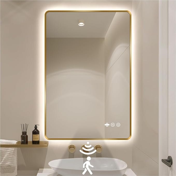 30 x 36 Gold LED Bathroom Mirror, Metal Framed Rounded Corner Rectangle Backlit Mirror Bathroom, Anti-Fog, 3-Color Stepless Dimmable Lighted Mirror, Motion Sensor Lights, Memory Function