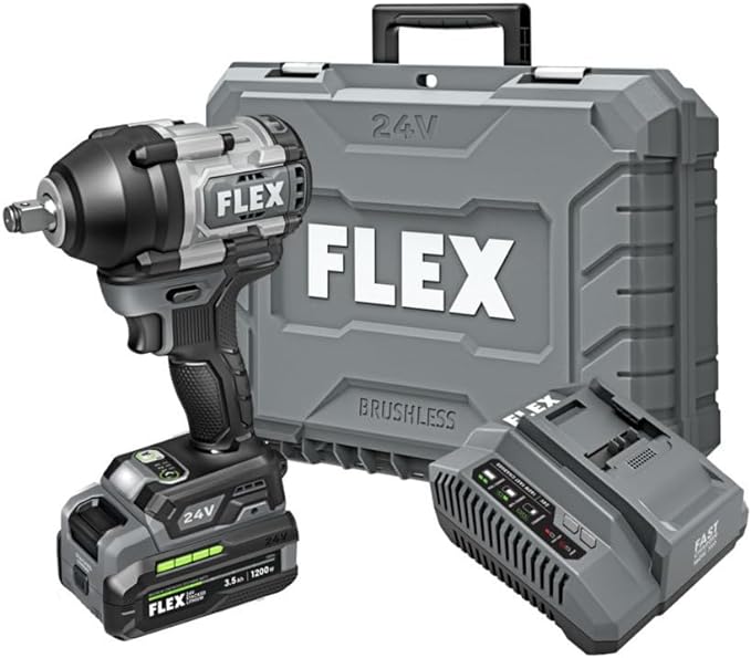 FLEX 24V Brushless Cordless 1/2-Inch 750 Ft-Lbs Mid-Torque Impact Wrench Kit with 3.5Ah Stacked Lithium Battery and 160W Fast Charger - FX1451-1F, Grey/Black