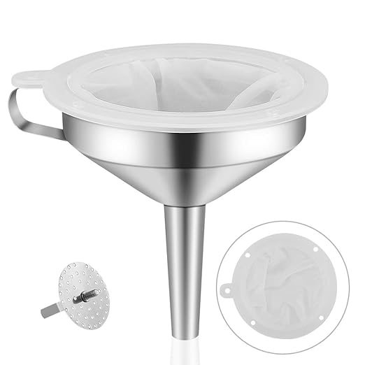 5-Inch Food Grade Stainless Steel Kitchen Funnel with 200 Mesh Food Filter Strainer for Transferring of Liquid Dry Ingredients and Metal Cooking Funnel