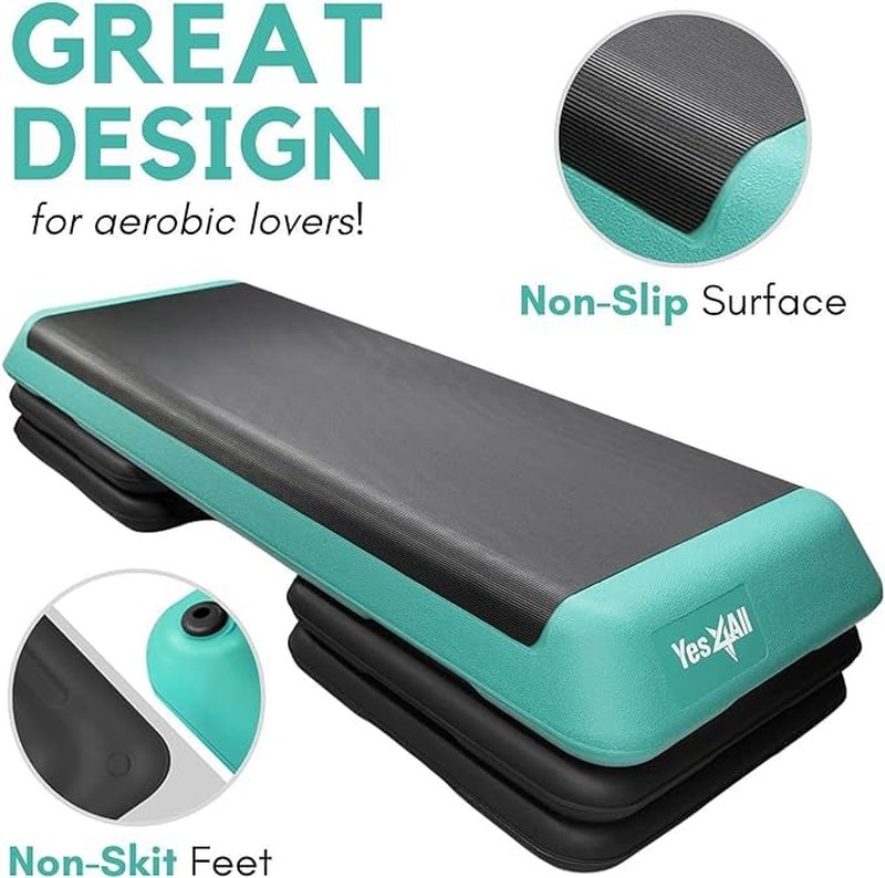 Yes4All Adjustable Workout Aerobic Exercise Step Platform Health Club Size with 4 Adjustable Risers Included and Extra Risers Options - Green Black