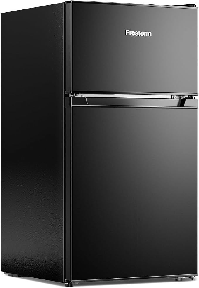3.2 Cu Ft Mini Fridge with Freezer, Double Door Upright Freezer | Energy Efficient, Glass Shelves, Interior Light, ETL Certified, Compact Small Refrigerator for Bedroom, Office & Dorm, Black