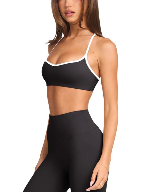 Halter Sports Bras for Women Padded Adjustable Thin Straps Color Block Workout Yoga Gym Athletic Bras Y2k Casual Tops Activewear Camisole(Black White,Small)