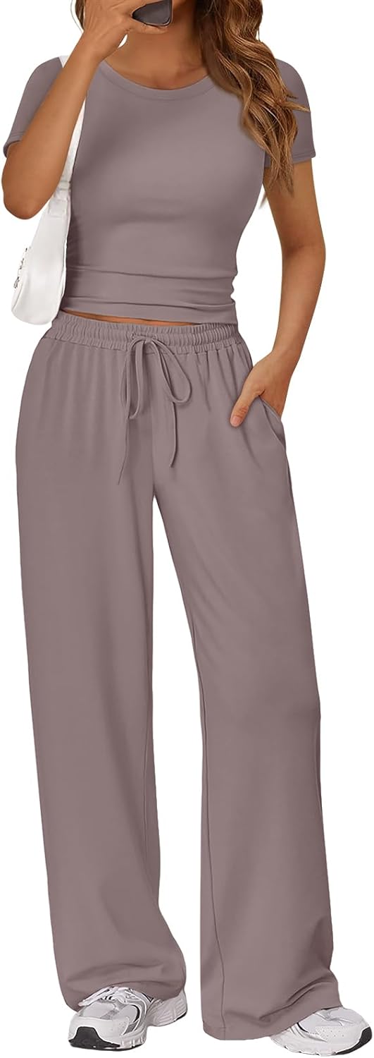 Trendy Queen 2-Piece Summer Lounge Set - Women's Side Ruching Top & Wide Leg Pants with Pockets