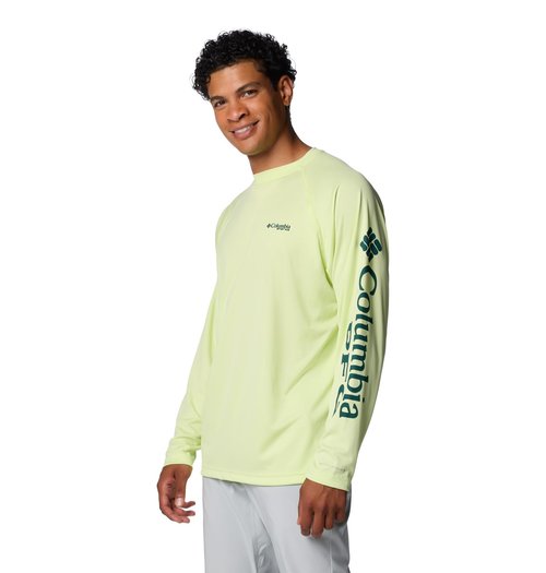 Columbia Men's Terminal Tackle Long Sleeve Shirt, Spring Yellow/Midnight Teal Logo, XX-Large