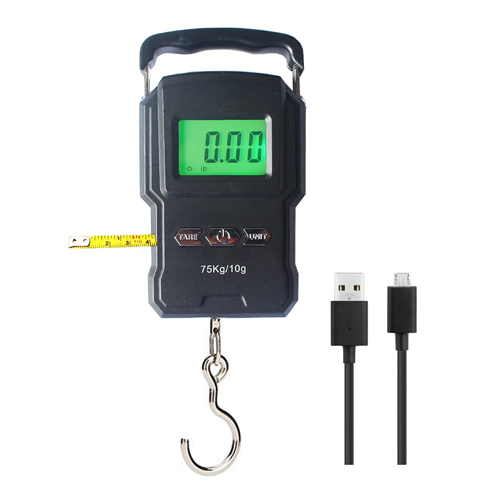 Skiennix Rechargeable Luggage Scale - Portable Digital Hook Scale with Measuring Tape, 165Lb Capacity, Black