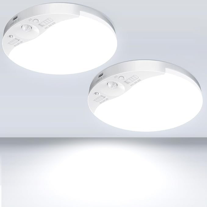 2Pack Rechargeable Motion Sensor Ceiling Light with Remote, Magnetic Wireless Ceiling Light Battery Powered, 3000K/4000K/6500K, Dimmable, Timer, Motion Activated, for Closet Shower Hallway Pantry