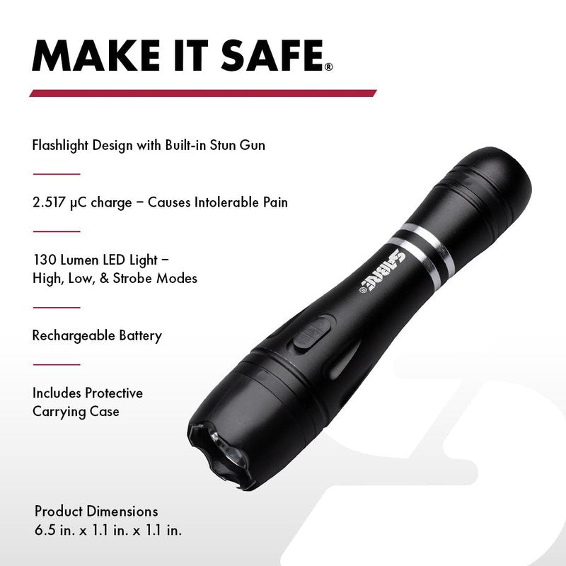SABRE 2-in-1 Tactical Stun Gun with LED Flashlight, Self Defense Stun Gun with 2.517 µC Charge Produces Intolerable Pain, 130 Lumen LED Light, Safety Switch, Belt Holster, Rechargeable Battery