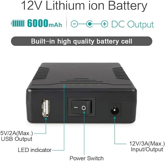 Talentcell Rechargeable 12V 6000mAh/5V 12000mAh DC Output Lithium ion Battery