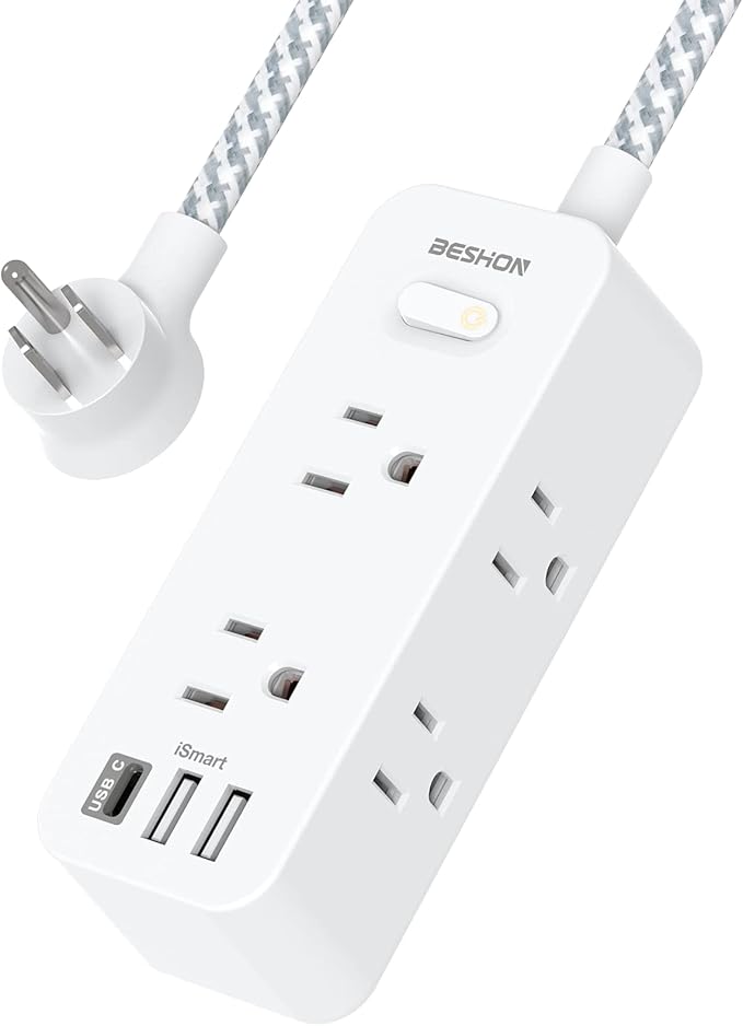 Extension Cord 20FT, BESHON Power Strip Surge Protector, 6 Outlets with 3 USB Ports(1 USB C Outlet), 3-Side Outlet Extender, Wall Mount, Compact for Travel, Home, College Dorm Room, and Office