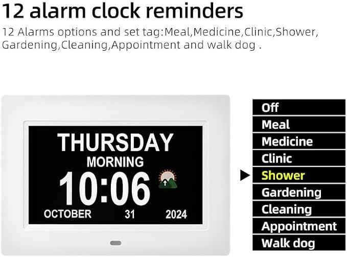 Dementia clock for seniors, 3 main interfaces, automatic dimming, digital