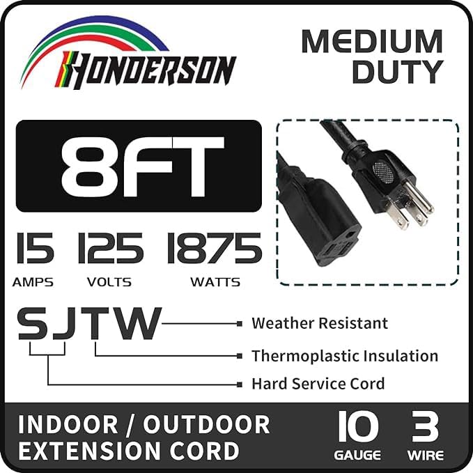 Indoor Outdoor Extension Cord Weatherproof, UL Certified, 10 Gauge 8FT Black 3 Prong Heavy Duty, 10/3 SJTW 15A Power Cord for Outdoor Lights, Appliances, Lawn