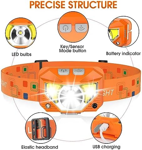 LHKNL Headlamp Flashlight, Lumen Bright Head Lamps LED Rechargeable-Orange