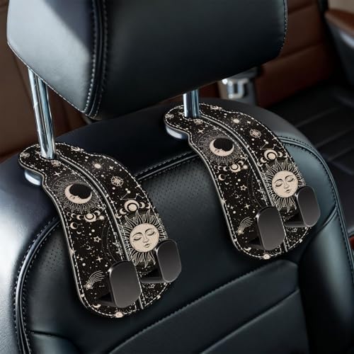 Blusabaca 2PCS Car Seat Back Storage Headrest Hooks, Sun and Moon Purse Holder Bags Hanger, PU Leather Double Metal Hook for Backseat Organizer, Women Car Accessories Organization