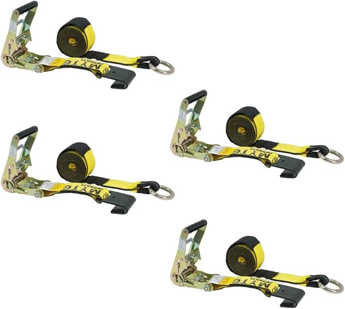Mytee Products 4 Pack 2" x 168" Car Tie Down Straps for Trailer with Flat Hook - 3333 LB WLL Lasso Style Tire Straps for Car Trailer with Ratchets - Vehicle Tie Down Wheel Straps for Hauling Cars