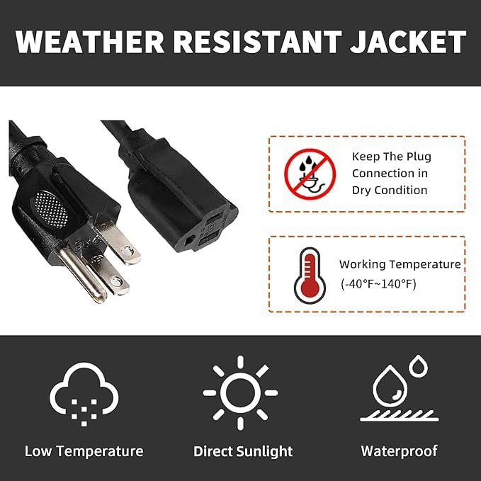 Indoor Outdoor Extension Cord Weatherproof, UL Certified, 10 Gauge 8FT Black 3 Prong Heavy Duty, 10/3 SJTW 15A Power Cord for Outdoor Lights, Appliances, Lawn