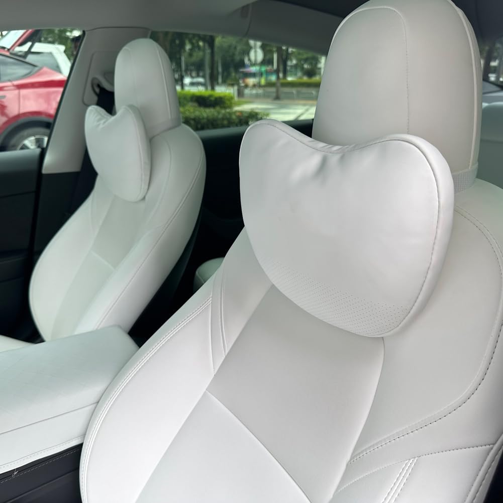 TESBEAUTY Nappa Leather Car Headrest Neck Pillow for Tesla Model X/S/Y/3 – Genuine Nappa Leather, Visible Strap, White (2-Pack)