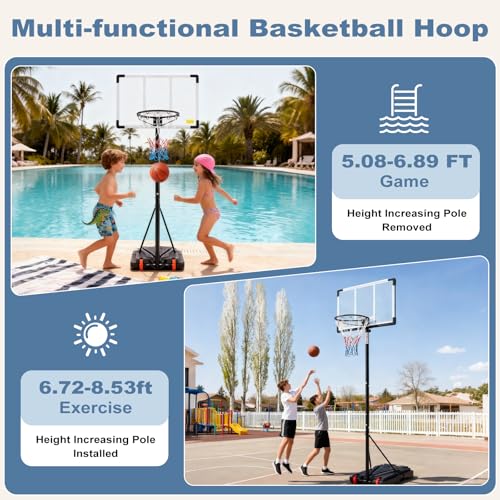 DUMOS 5.08-8.53FT Portable Basketball Hoop Outdoor for Kids, Adjustable Height 44 Inch Shatterproof Backboard w/Shock Absorbent Rim, Fillable Base, 2 Wheels for Swimming Pool/Indoor, White