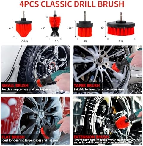 35Pcs Car Detailing Kit & Car Cleaning Kit, B：35PCS-R | Windshield Tool, Long Wheel Brush & 2 Angled Brushes, 4 Polishing Pads & 4 Wax Pads, Red Tool Box, Gift for Men