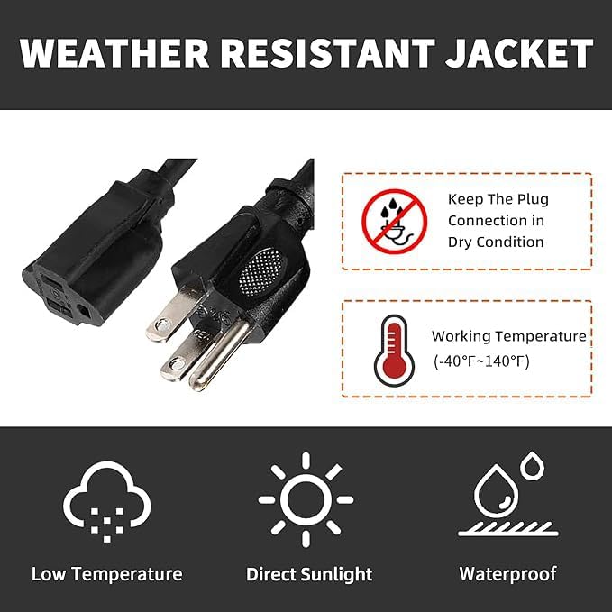 Indoor Outdoor Extension Cord Weatherproof, UL Certified, 12 Gauge 6FT Black 3 Prong Heavy Duty, 12/3 SJTW 15A Power Cord for Outdoor Lights, Appliances, Lawn