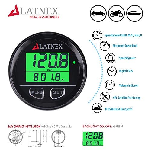 LATNEX SP-GPS95 Universal Digital GPS Speedometer Waterproof. Displays Speed(MPH/KMH), Distance Traveled and Time - Suitable for ATV UTV-Marine-Boats-Motorcycle- Automobile Motor Vehicle Bikes (Red)
