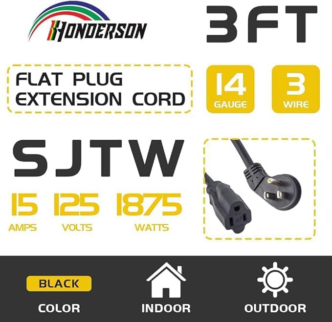 Flat Plug Indoor Extension Cord, UL Certified, 14 Gauge 3FT Black 3 Prong Heavy Duty, 14/3 SJTW 15A Power Cord for Lights, Appliances, Home