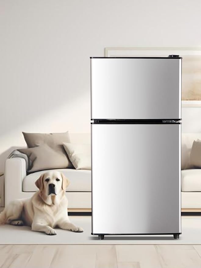 F.W.WOOLWORTHS 3.5 Cu.Ft Refrigerator with Freezer | Compact Fridge with 2 Doors for Office, Kitchen, Dorm and Bedroom, 7 Level Temp Adjustable Thermostat, Silver