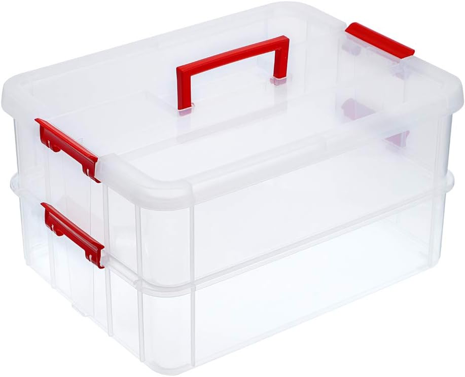 BTSKY 2 Layer Stack & Carry Box, Plastic Multipurpose Portable Storage Container Box Handled Organizer Storage Box for Organizing Stationery, Sewing, Art Craft, Jewelry and Beauty Supplies Green