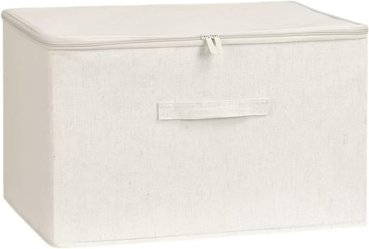 [3 Pack] Beige Cotton Linen Collapsible Storage Bins for Home Organization, Waterproof Fabric Foldable Organizer Boxes, 17.72 x 13.78 x 10.24 Inches, Zippered Flap & Handle (Large)