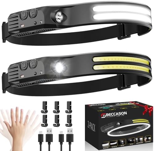 Beccason 2PCS Headlamp Flashlight, 230° Head Lamps LED Rechargeable Camping