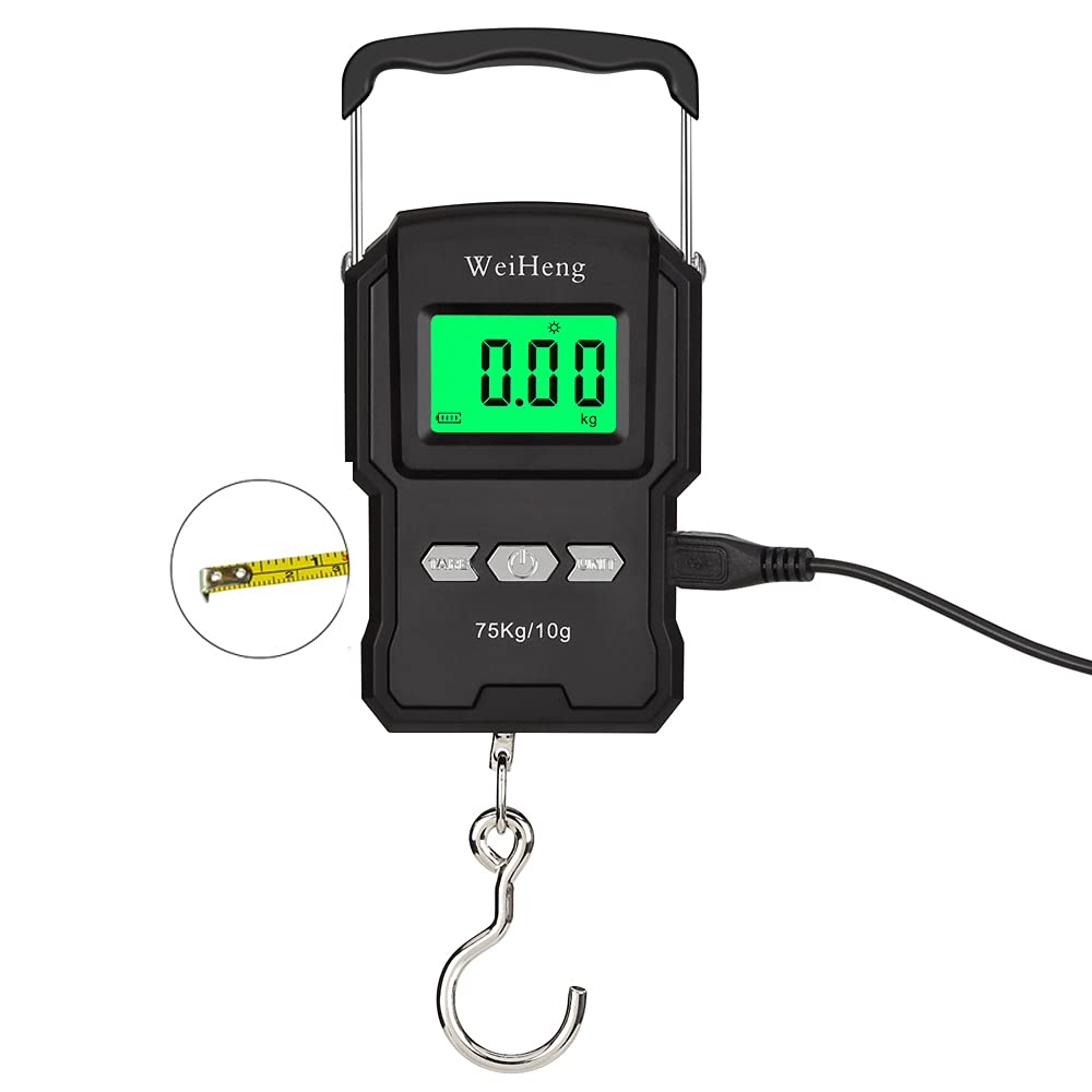 Skiennix Rechargeable Luggage Scale - Portable Digital Hook Scale with Measuring Tape, 165Lb Capacity, Black