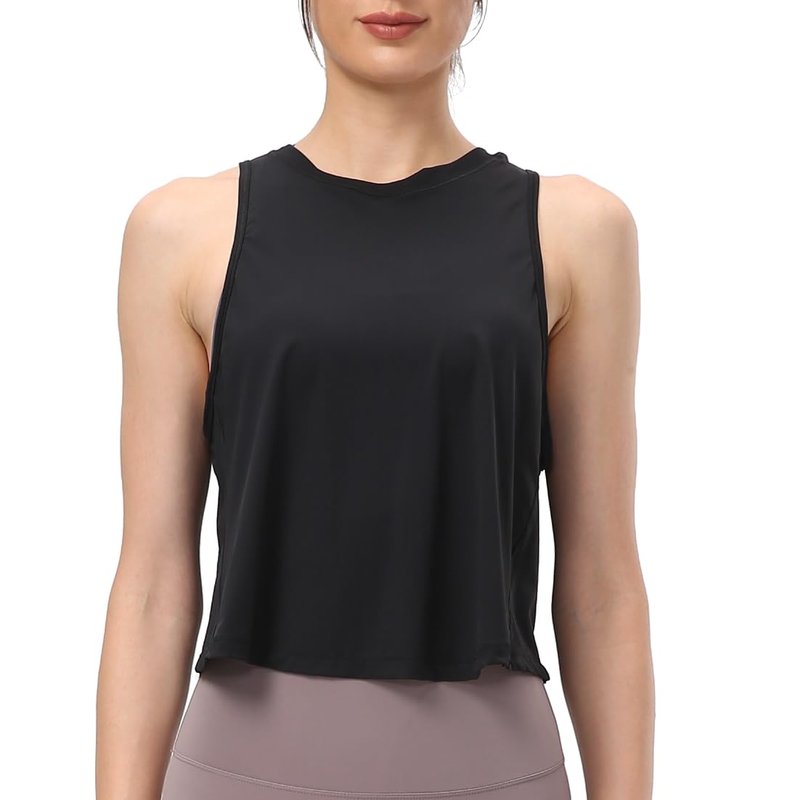 Women's Pleated Cropped Sports Tank Tops Sleeveless Running Workout Tops Active Yoga Tops Shirts(Black,8)