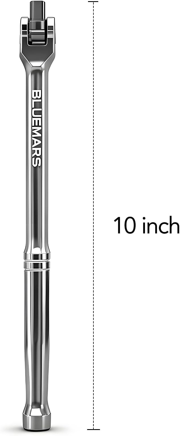 BLUEMARS 3/8-Inch Drive Breaker Bar with Secure Locking Ball, 10 Inches Long, Nut Breaker Bar, Rusted Bolt Remover, 180-Degree Rotatable Cr-Mo High-Torque Head w/Drop-Forged Cr-V Steel Construction