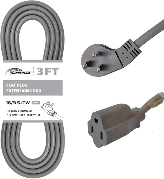 Flat Plug Indoor Extension Cord, UL Certified, 16 Gauge 3FT Grey 3 Prong Heavy Duty, 16/3 SJTW 13A Power Cord for Lights, Appliances, Home