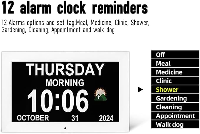 Dementia Clock with 12 sets of alarms paired with 20 usage scenarios, Large