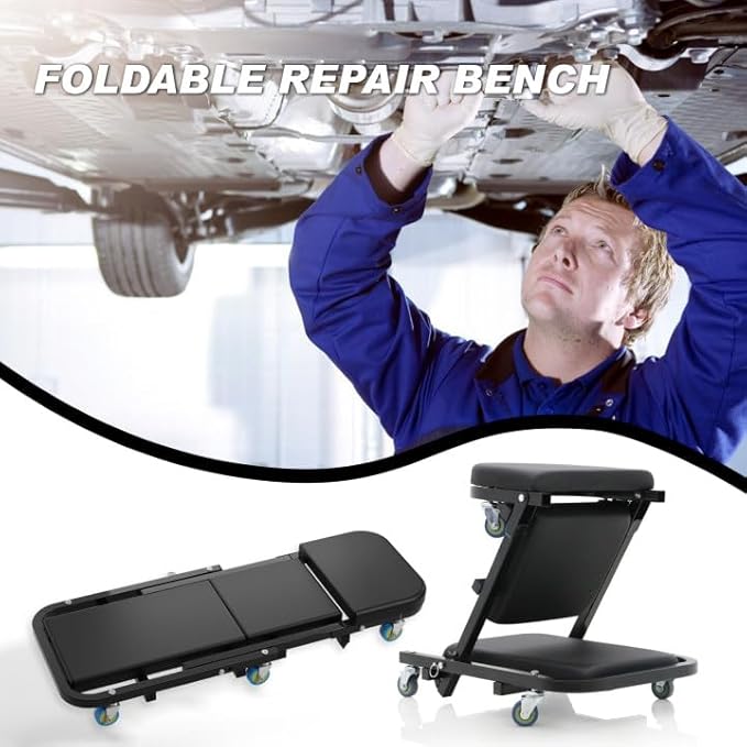 POLARBEAR Mechanic Creeper 40" Z Creeper Seat, 2 in 1 Rolling Folding Car Stool, Automotive Chair with 6 Mute Swivel Casters, Under Car Auto Repair for Man Gift 500 lbs Capacity Black