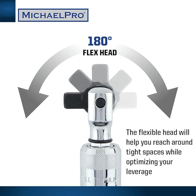 MichaelPro MP007002 1/2" Dr. Extendable Breaker Bar (15" - 24" Length) / Flex Handle, Rotating Flex Head (15" - 24" Extendable)