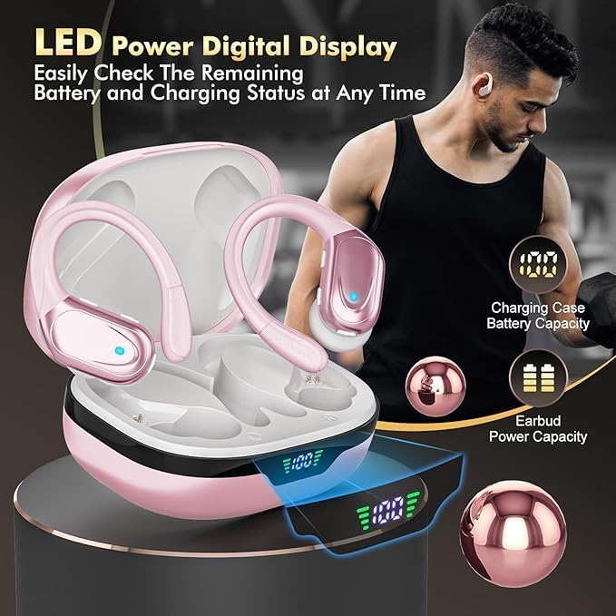 HAOYUYAN Wireless Earbuds, Sports Bluetooth Headphones, 80Hrs Playtime Ear Buds with LED Power Display, Noise Canceling Headset, IPX7 Waterproof Earphones for Workout/Running (Pink)