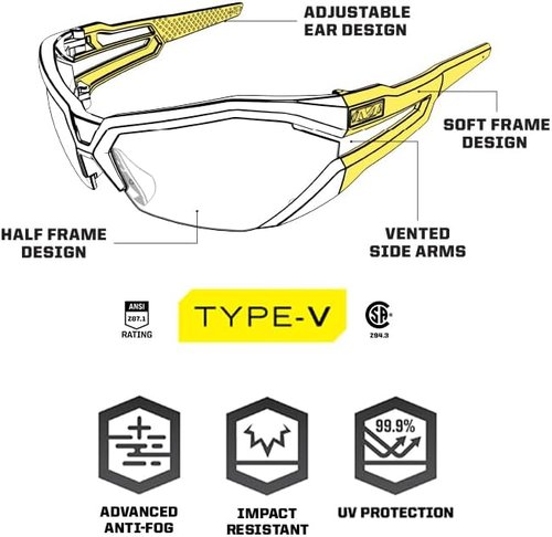 Mechanix Wear Vision Type-V Safety Glasses - Lightweight Anti-Fog, Scratch-Resistant Eyewear | Smoke Lens, Adjustable Fit